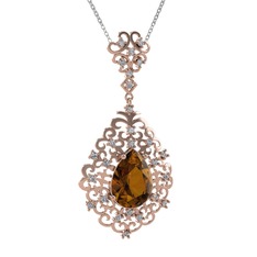 Dumanlı kuvars ve beyaz zirkon 18 ayar rose altın kolye (40 cm gümüş rolo zincir)