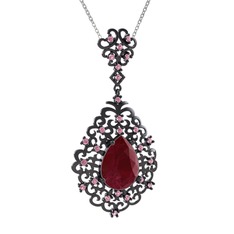 Dalila Kolye - Kök yakut ve pembe kuvars 925 ayar siyah rodyum kaplama gümüş kolye (40 cm beyaz altın rolo zincir) #12ae4n5