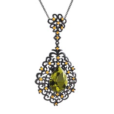 Dalila Kolye - Peridot ve sitrin 925 ayar siyah rodyum kaplama gümüş kolye (40 cm gümüş rolo zincir) #12b6w04