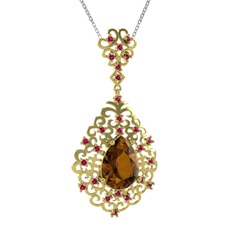 Dalila Kolye - Dumanlı kuvars ve rodolit garnet 14 ayar altın kolye (40 cm beyaz altın rolo zincir) #12mszbr