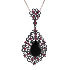 Dalila Kolye - Siyah zirkon ve rodolit garnet 925 ayar siyah rodyum kaplama gümüş kolye (40 cm rose altın rolo zincir) #1422li5