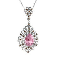 Pembe kuvars ve dumanlı kuvars 18 ayar beyaz altın kolye (40 cm beyaz altın rolo zincir)