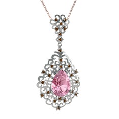 Pembe kuvars ve dumanlı kuvars 14 ayar beyaz altın kolye (40 cm rose altın rolo zincir)