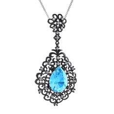 Dalila Kolye - Akuamarin ve pırlanta 925 ayar siyah rodyum kaplama gümüş kolye (0.52 karat, 40 cm beyaz altın rolo zincir) #14omgyx