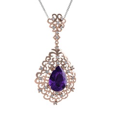 Ametist ve beyaz zirkon 925 ayar rose altın kaplama gümüş kolye (40 cm beyaz altın rolo zincir)