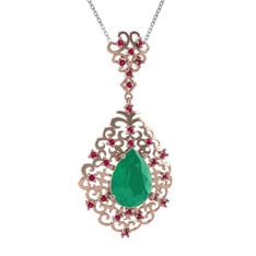 Kök zümrüt ve rodolit garnet 8 ayar rose altın kolye (40 cm beyaz altın rolo zincir)