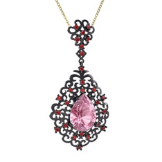 Pembe kuvars ve garnet 925 ayar siyah rodyum kaplama gümüş kolye (40 cm altın rolo zincir)