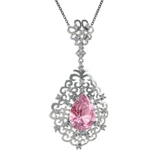 Pembe kuvars ve swarovski 18 ayar beyaz altın kolye (40 cm gümüş rolo zincir)