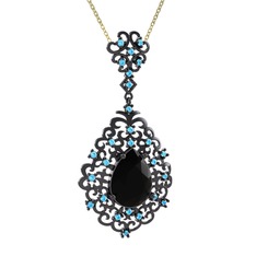 Siyah zirkon ve akuamarin 925 ayar siyah rodyum kaplama gümüş kolye (40 cm altın rolo zincir)