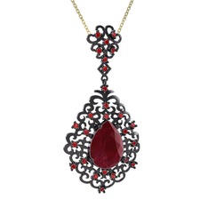 Kök yakut ve garnet 925 ayar siyah rodyum kaplama gümüş kolye (40 cm altın rolo zincir)