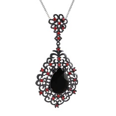 Dalila Kolye - Siyah zirkon ve garnet 925 ayar siyah rodyum kaplama gümüş kolye (40 cm beyaz altın rolo zincir) #17dbfev