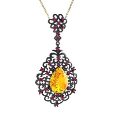 Dalila Kolye - Sitrin ve rodolit garnet 925 ayar siyah rodyum kaplama gümüş kolye (40 cm altın rolo zincir) #18vr4yl