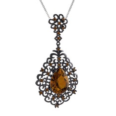 Dumanlı kuvars 925 ayar siyah rodyum kaplama gümüş kolye (40 cm beyaz altın rolo zincir)