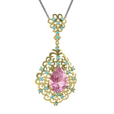 Pembe kuvars ve akuamarin 14 ayar altın kolye (40 cm gümüş rolo zincir)