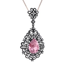 Dalila Kolye - Pembe kuvars ve swarovski 925 ayar siyah rodyum kaplama gümüş kolye (40 cm rose altın rolo zincir) #1ae62py