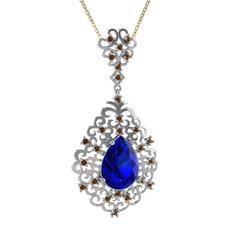 Lab safir ve dumanlı kuvars 18 ayar beyaz altın kolye (40 cm altın rolo zincir)