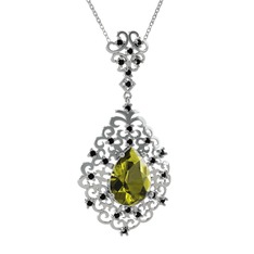 Peridot ve siyah zirkon 18 ayar beyaz altın kolye (40 cm beyaz altın rolo zincir)