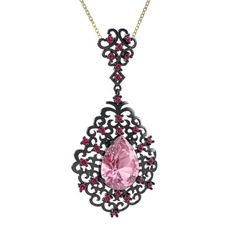 Pembe kuvars ve rodolit garnet 925 ayar siyah rodyum kaplama gümüş kolye (40 cm altın rolo zincir)