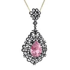 Dalila Kolye - Pembe kuvars ve swarovski 925 ayar siyah rodyum kaplama gümüş kolye (40 cm gümüş rolo zincir) #1bijfv0