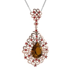 Dumanlı kuvars ve garnet 14 ayar rose altın kolye (40 cm beyaz altın rolo zincir)