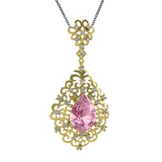 Dalila Kolye - Pembe kuvars ve pırlanta 8 ayar altın kolye (0.52 karat, 40 cm gümüş rolo zincir) #1bzp902