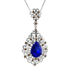 Lab safir ve dumanlı kuvars 18 ayar beyaz altın kolye (40 cm beyaz altın rolo zincir)
