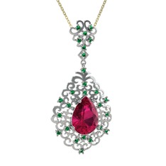 Rodolit garnet ve yeşil kuvars 8 ayar beyaz altın kolye (40 cm altın rolo zincir)