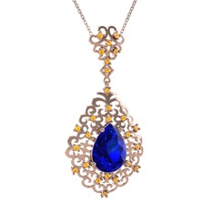 Lab safir ve sitrin 14 ayar rose altın kolye (40 cm rose altın rolo zincir)