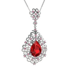 Garnet ve pembe kuvars 18 ayar beyaz altın kolye (40 cm beyaz altın rolo zincir)