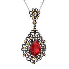 Dalila Kolye - Garnet ve sitrin 925 ayar siyah rodyum kaplama gümüş kolye (40 cm beyaz altın rolo zincir) #1e178cu