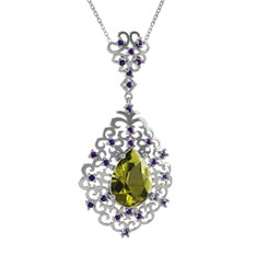 Peridot ve ametist 14 ayar beyaz altın kolye (40 cm beyaz altın rolo zincir)