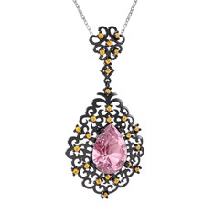 Dalila Kolye - Pembe kuvars ve sitrin 925 ayar siyah rodyum kaplama gümüş kolye (40 cm gümüş rolo zincir) #1ew9t33