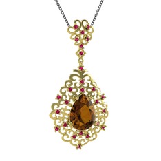Dumanlı kuvars ve rodolit garnet 14 ayar altın kolye (40 cm gümüş rolo zincir)