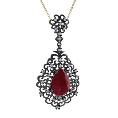 Dalila Kolye - Kök yakut ve swarovski 925 ayar siyah rodyum kaplama gümüş kolye (40 cm altın rolo zincir) #1fs2p3c