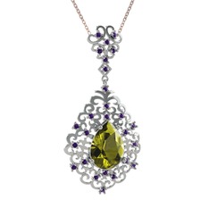 Peridot ve ametist 8 ayar beyaz altın kolye (40 cm rose altın rolo zincir)