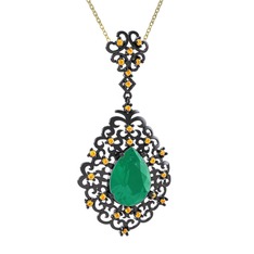 Dalila Kolye - Kök zümrüt ve sitrin 925 ayar siyah rodyum kaplama gümüş kolye (40 cm altın rolo zincir) #1gntp34