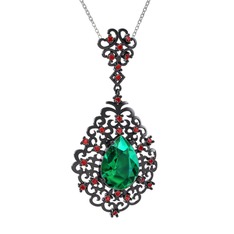 Dalila Kolye - Yeşil kuvars ve garnet 925 ayar siyah rodyum kaplama gümüş kolye (40 cm beyaz altın rolo zincir) #1gv8o1d
