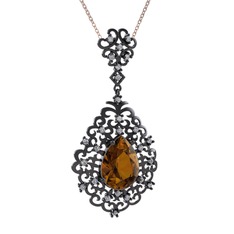 Dalila Kolye - Dumanlı kuvars ve beyaz zirkon 925 ayar siyah rodyum kaplama gümüş kolye (40 cm rose altın rolo zincir) #1gvuzyx