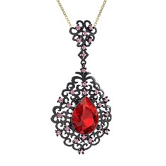 Dalila Kolye - Garnet ve pembe kuvars 925 ayar siyah rodyum kaplama gümüş kolye (40 cm gümüş rolo zincir) #1h7syw9