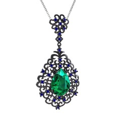 Dalila Kolye - Yeşil kuvars ve lab safir 925 ayar siyah rodyum kaplama gümüş kolye (40 cm gümüş rolo zincir) #1hfeu2u