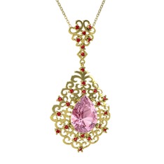 Pembe kuvars ve garnet 14 ayar altın kolye (40 cm altın rolo zincir)