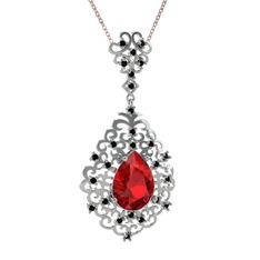 Garnet ve siyah zirkon 8 ayar beyaz altın kolye (40 cm rose altın rolo zincir)