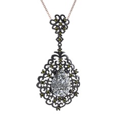 Dalila Kolye - Beyaz zirkon ve peridot 925 ayar siyah rodyum kaplama gümüş kolye (40 cm gümüş rolo zincir) #1kb1dvm