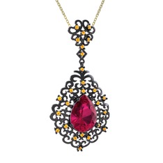 Rodolit garnet ve sitrin 925 ayar siyah rodyum kaplama gümüş kolye (40 cm altın rolo zincir)