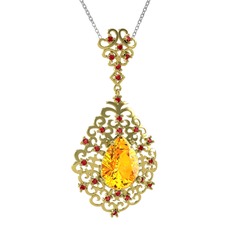 Sitrin ve garnet 925 ayar altın kaplama gümüş kolye (40 cm beyaz altın rolo zincir)
