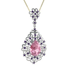 Dalila Kolye - Pembe kuvars ve ametist 8 ayar beyaz altın kolye (40 cm altın rolo zincir) #1kmkrni