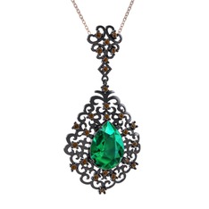 Dalila Kolye - Yeşil kuvars ve dumanlı kuvars 925 ayar siyah rodyum kaplama gümüş kolye (40 cm rose altın rolo zincir) #1kn1qm1