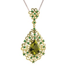 Peridot ve yeşil kuvars 18 ayar altın kolye (40 cm rose altın rolo zincir)