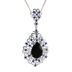 Siyah zirkon ve lab safir 18 ayar beyaz altın kolye (40 cm rose altın rolo zincir)
