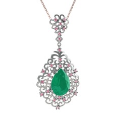 Kök zümrüt ve pembe kuvars 14 ayar beyaz altın kolye (40 cm rose altın rolo zincir)